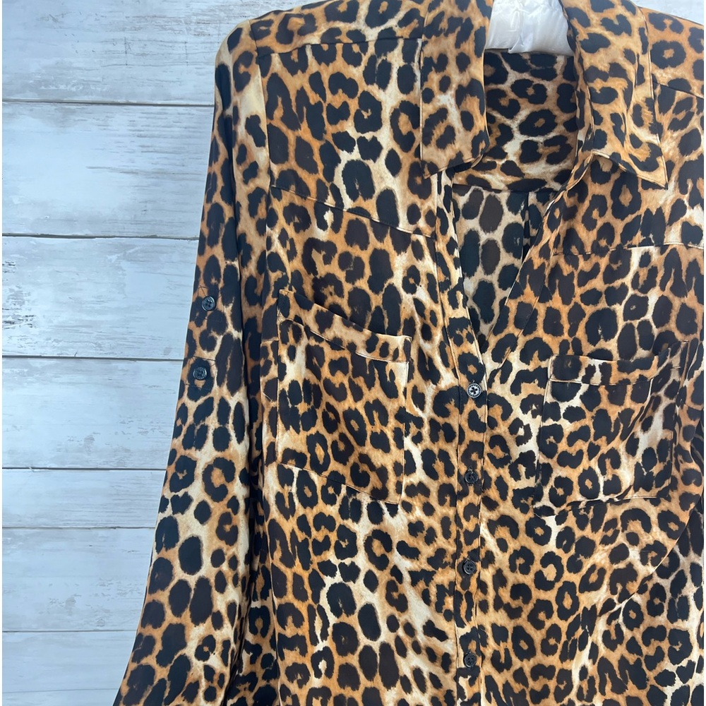 Express Portofino Shirt  Small Brown Black Leopard Button Career Casual - Picture 6 of 11
